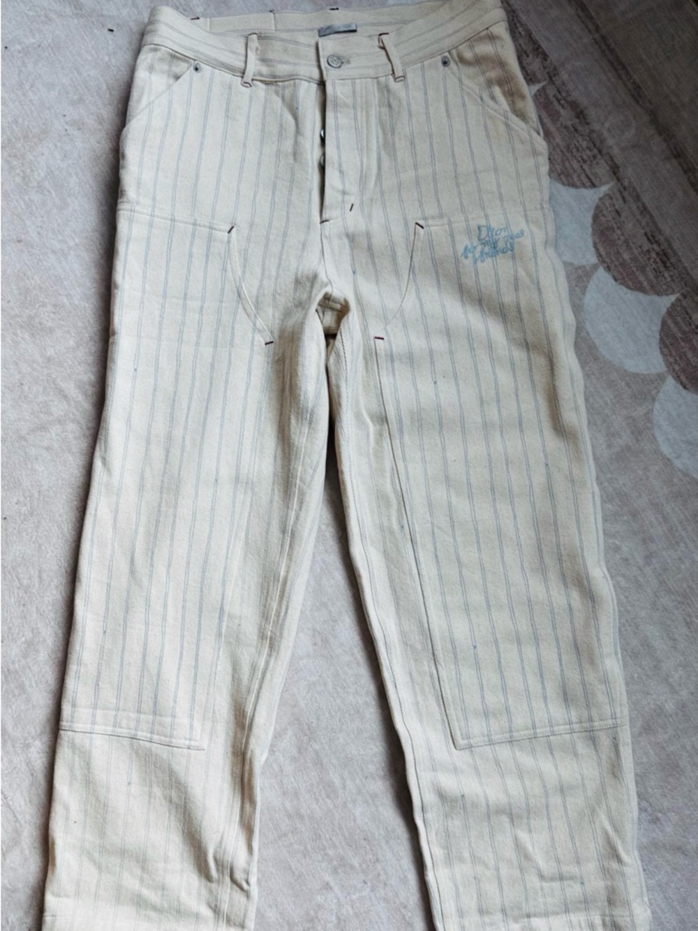 Dior Cream Pants with Blue Pinstripes and Branded Button